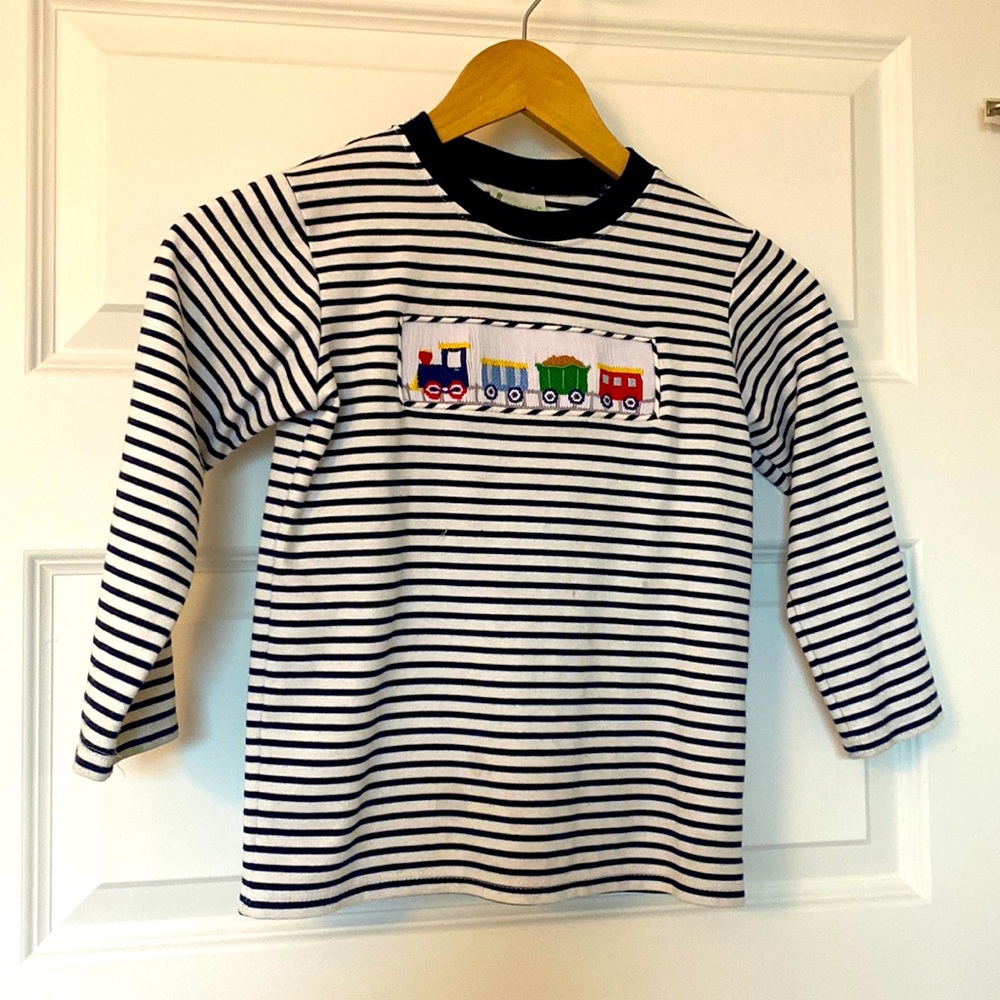 Smocked Train Shirt for Boys!!! Navy stripped & soooo cute!!!